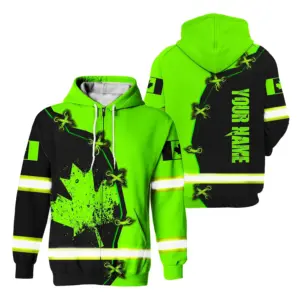 Hi Vis Jacket Reflective Green Neon Scratch Canada Flag Custom Name Safety Workwear For Worker, Operator, Patriotic