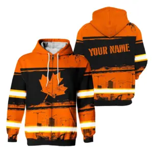 Hi Vis Jacket Reflective Orange Neon Canada Flag Construction Custom Name Safety Workwear For Worker, Operator, Patriotic