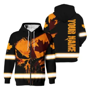 Hi Vis Jacket Reflective Orange Neon Canada Flag Custom Name Safety Workwear For Worker, Operator, Patriotic