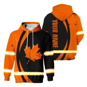 Hi Vis Jacket Reflective Orange Neon Canada Flag Custom Name Safety Workwear For Worker, Operator, Patriotic