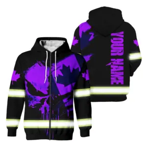 Hi Vis Jacket Reflective Violet Neon Canada Flag Scratch Custom Name Safety Workwear For Worker, Operator, Patriotic