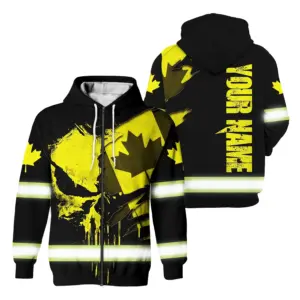 Hi Vis Jacket Reflective Yellow Neon Canada Flag Custom Name Safety Workwear For Worker, Operator, Patriotic