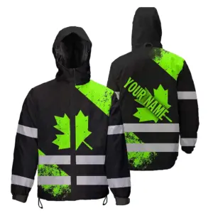 Hi Vis Jacket Waterproof Black Green Canada Flag Custom Name Safety Workwear For Worker, Operator, Patriotic