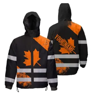 Hi Vis Jacket Waterproof Black Orange Canada Flag Custom Name Safety Workwear For Worker, Operator, Patriotic