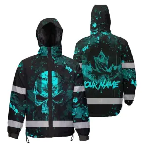 Hi Vis Jacket Waterproof Blue Neon Skull Paint Flakes Canada Flag Custom Name Safety Workwear For Worker, Operator, Patriotic