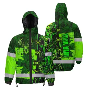 Hi Vis Jacket Waterproof Deer Hunting Canada Flag Custom Name Safety Workwear For Worker, Operator, Patriotic