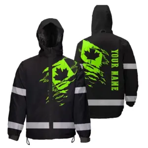 Hi Vis Jacket Waterproof Green And Black Color Canada Flag Custom Name Safety Workwear For Worker, Operator, Patriotic