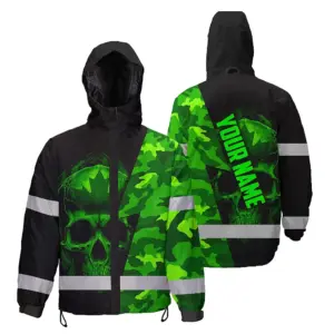 Hi Vis Jacket Waterproof Green Neon Camo Canada Flag Custom Name Safety Workwear For Worker, Operator, Patriotic