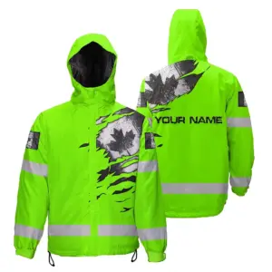 Hi Vis Jacket Waterproof Green Neon Scratch Canada Flag Custom Name Safety Workwear For Worker, Operator, Patriotic