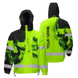 Hi Vis Jacket Waterproof Green Neon Skull And Canada Flag Custom Name Safety Workwear For Worker, Operator, Patriotic