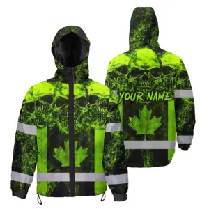 Hi Vis Jacket Waterproof Green Neon Skull Canada Flag 2 Custom Name Safety Workwear For Worker, Operator, Patriotic