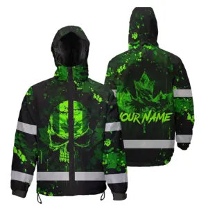 Hi Vis Jacket Waterproof Green Neon Skull Paint Flakes Canada Flag Custom Name Safety Workwear For Worker, Operator, Patriotic