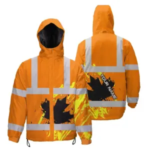 Hi Vis Jacket Waterproof Orange Neon Canada Flag Custom Name Safety Workwear For Worker, Operator, Patriotic