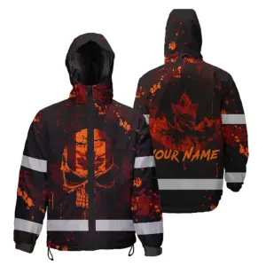 Hi Vis Jacket Waterproof Orange Neon Skull Paint Flakes Canada Flag Custom Name Safety Workwear For Worker, Operator, Patriotic