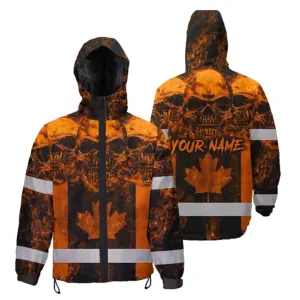 Hi Vis Jacket Waterproof Orange Skull Canada Flag 2 Custom Name Safety Workwear For Worker, Operator, Patriotic