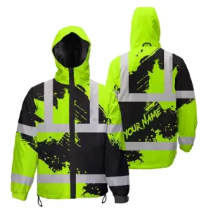 Hi Vis Jacket Waterproof Paint Flakes Canada Flag Custom Name Safety Workwear For Worker, Operator, Patriotic