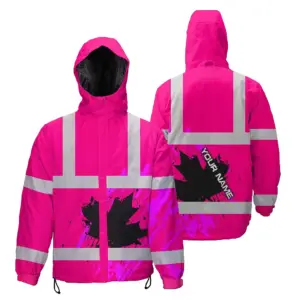 Hi Vis Jacket Waterproof Pink Neon Canada Flag Custom Name Safety Workwear For Worker, Operator, Patriotic
