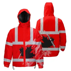 Hi Vis Jacket Waterproof Red Neon Canada Flag Custom Name Safety Workwear For Worker, Operator, Patriotic