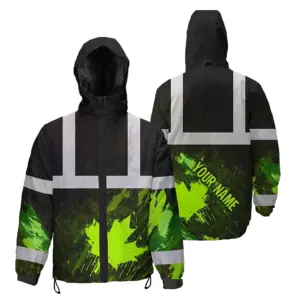 Hi Vis Jacket Waterproof Reflective Green Neon Canada Flag Custom Name Safety Workwear For Worker, Operator, Patriotic