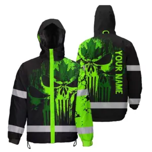 Hi Vis Jacket Waterproof Reflective Green Neon Skull Shadow Canada Custom Name Safety Workwear For Worker, Operator, Patriotic