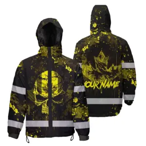 Hi Vis Jacket Waterproof Yellow Neon Skull Paint Flakes Canada Flag Custom Name Safety Workwear For Worker, Operator, Patriotic