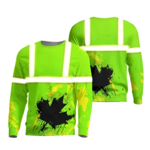 Hi Vis Long Sleeves Shirt Reflective Green Canada Flag Safety Workwear For Worker, Operator, Patriotic