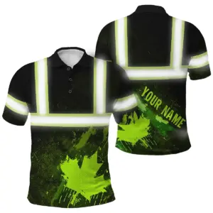 Hi Vis Polo Shirt Reflective Black Green Canada Flag Custom Name Safety Workwear For Worker, Operator, Patriotic