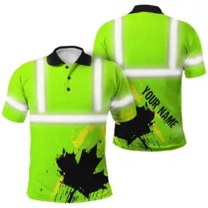 Hi Vis Polo Shirt Reflective Green Canada Flag Safety Workwear For Worker, Operator, Patriotic