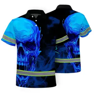 Hi Vis Polo Shirt Reflective Tapes Black And Blue Skull Custom Name Safety Workwear For Workers, Truckers, Operators