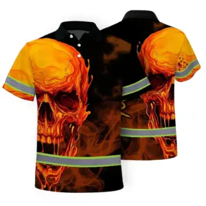 Hi Vis Polo Shirt Reflective Tapes Black And Orange Skull Custom Name Safety Workwear For Workers, Truckers, Operators