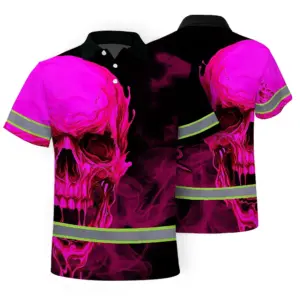 Hi Vis Polo Shirt Reflective Tapes Black And Pink Neon Skull Custom Name Safety Workwear For Workers, Truckers, Operators