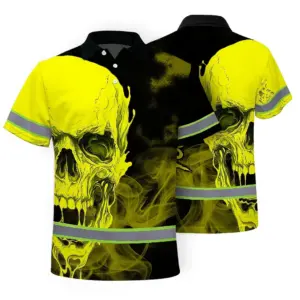 Hi Vis Polo Shirt Reflective Tapes Black And Yellow Neon Skull Custom Name Safety Workwear For Workers, Truckers, Operators