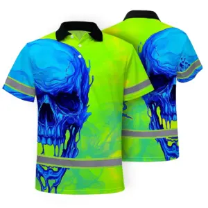 Hi Vis Polo Shirt Reflective Tapes Blue Green Skull Custom Name Safety Workwear For Workers, Truckers, Operators