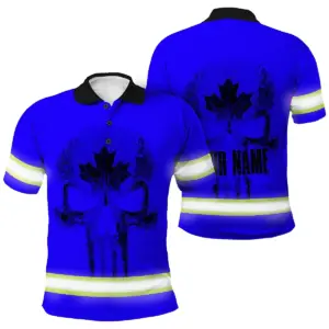 Hi Vis Polo Shirt Reflective Tapes Blue Neon Canada Custom Name Safety Workwear For Worker, Operator, Patriotic