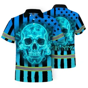 Hi Vis Polo Shirt Reflective Tapes Blue Neon US Flag Custom Name Safety Workwear For Workers, Truckers, Operators