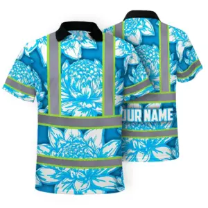 Hi Vis Polo Shirt Reflective Tapes Blue Neon White Protea Custom Name Safety Workwear For Workers, Truckers, Operators