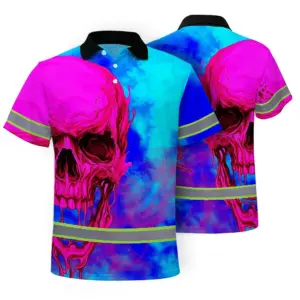 Hi Vis Polo Shirt Reflective Tapes Blue Pink Skull Custom Name Safety Workwear For Workers, Truckers, Operators