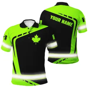 Hi Vis Polo Shirt Reflective Tapes Green And Black Canada Flag Custom Name Safety Workwear For Worker, Operator, Patriotic