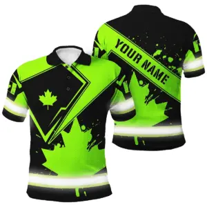 Hi Vis Polo Shirt Reflective Tapes Green And Black Paint Flakes Canada Flag Custom Name Safety Workwear For Worker, Operator, Patriotic