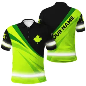 Hi Vis Polo Shirt Reflective Tapes Green Neon And Black Waves Canada Custom Name Safety Workwear For Worker, Operator, Patriotic