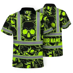 Hi Vis Polo Shirt Reflective Tapes Green Neon Black Skull Custom Name Safety Workwear For Workers, Truckers, Operators