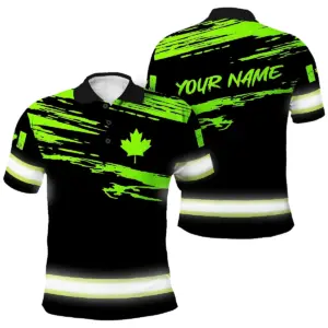 Hi Vis Polo Shirt Reflective Tapes Green Neon Canada Flag Custom Name Safety Workwear For Worker, Operator, Patriotic