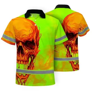 Hi Vis Polo Shirt Reflective Tapes Green Orange Skull Custom Name Safety Workwear For Workers, Truckers, Operators