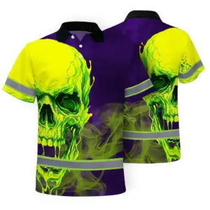 Hi Vis Polo Shirt Reflective Tapes Green Violet Skull Custom Name Safety Workwear For Workers, Truckers, Operators