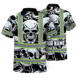 Hi Vis Polo Shirt Reflective Tapes Grey Black Skull Custom Name Safety Workwear For Workers, Truckers, Operators