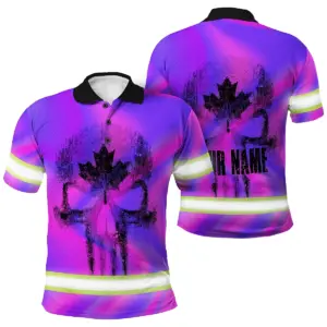Hi Vis Polo Shirt Reflective Tapes Hologram Canada Flag Custom Name Safety Workwear For Worker, Operator, Patriotic