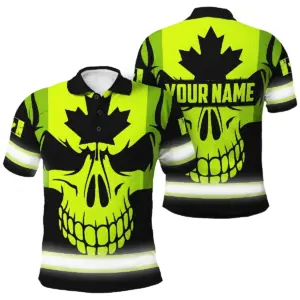 Hi Vis Polo Shirt Reflective Tapes Lime And Black Skull Canada Flag Custom Name Safety Workwear For Worker, Operator, Patriotic