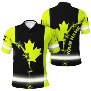 Hi Vis Polo Shirt Reflective Tapes Lime Neon And Black Canada Flag Custom Name Safety Workwear For Worker, Operator, Patriotic