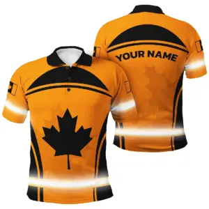 Hi Vis Polo Shirt Reflective Tapes Orange Neon And Black Canada Flag Custom Name Safety Workwear For Worker, Operator, Patriotic