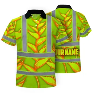 Hi Vis Polo Shirt Reflective Tapes Orange Neon Lime Heliconia Custom Name Safety Workwear For Workers, Truckers, Operators